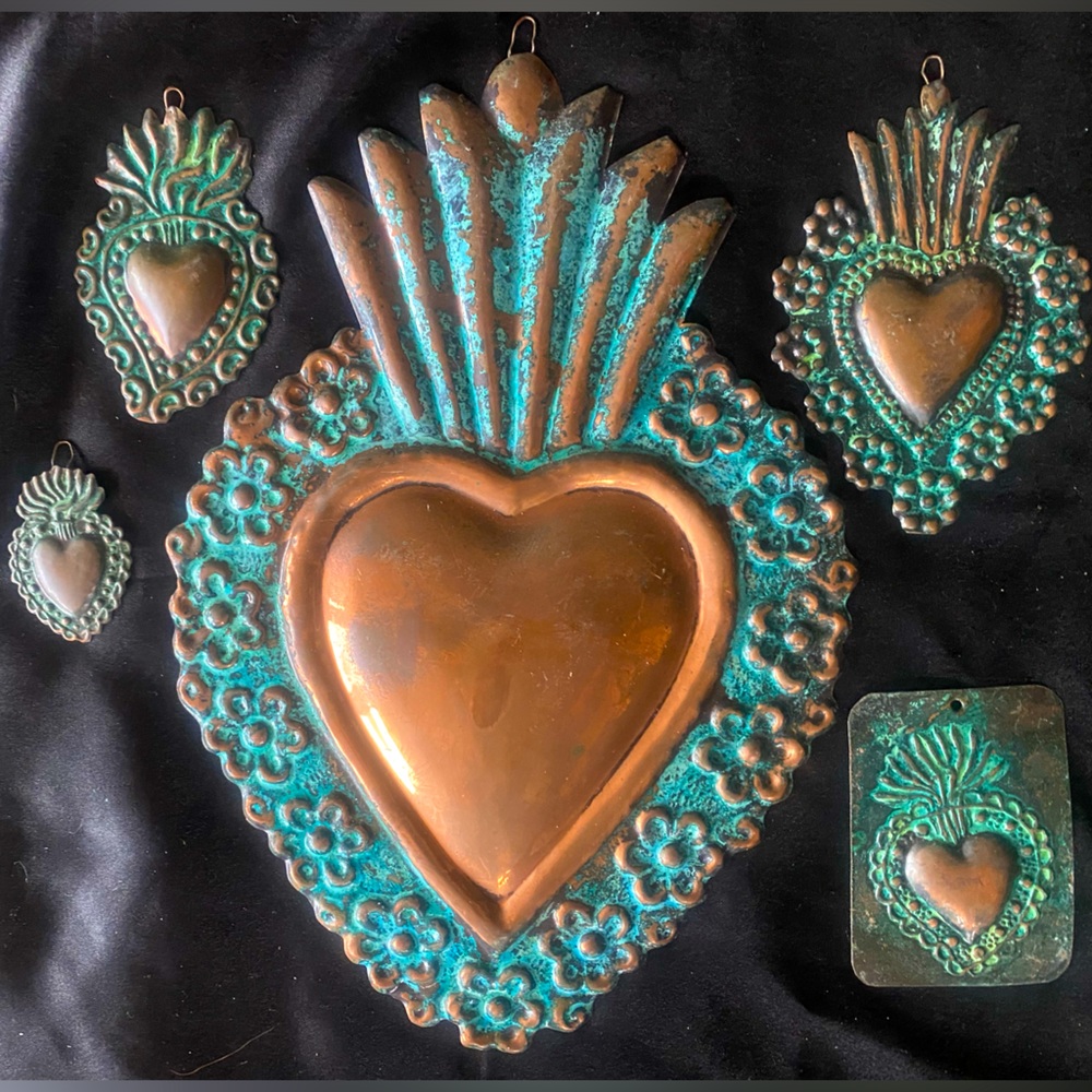 Set of FIVE (5) Sacred Heart Milagros - hand painted copper w/ turquoise details
